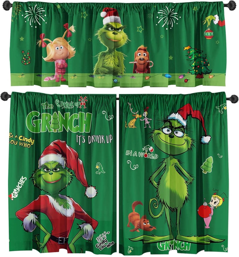 SUNWISHA Christmas Curtain Valance Set - Green Funky Whimsical Holiday Scene with Puppies/Stars/Lights - Playful Kitchen/Bedroom Decor - Upper & Lower Curtains, 52'' L x 18'' W & 36'' L x 26'' W - Image 1